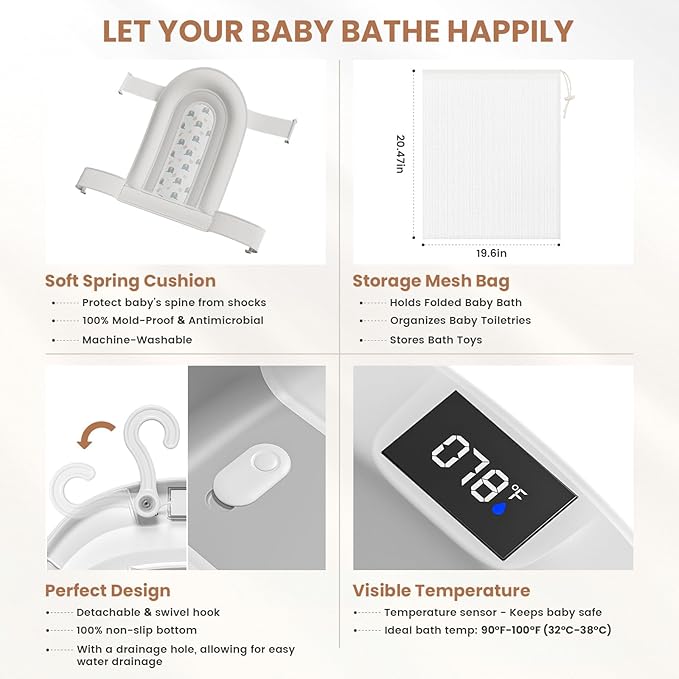 Collapsible Baby Bathtub, Baby Tubs for Newborns with Soft Cushion & Thermometer & Toy Organizer Mesh Bag, Infant Bathtub to Toddler 0-36 Months, Portable Travel Newborn Baby Bathtubs (Grey)