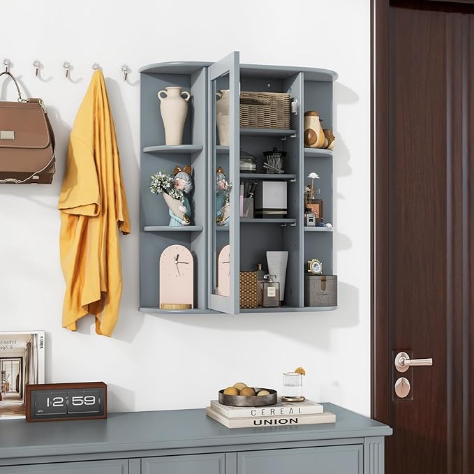 Tangkula Bathroom Medicine Cabinet, Wall Mounted Storage Cabinet with Mirror Door, Removable & 3 Adjustable Shelves, Wooden Hanging Wall Mirror Cabinet for Bathroom Living Room Laundry (Grey)