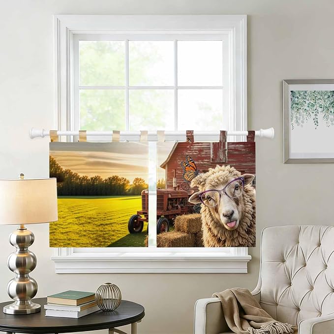 Farm Sheep Kitchen Curtains 24 Inch Length, Small Window Curtains Tab Top - Image 2