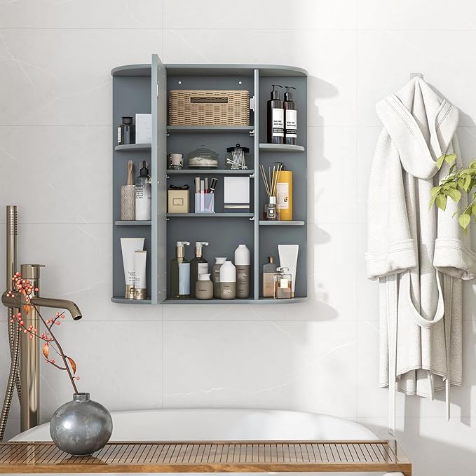 Tangkula Bathroom Medicine Cabinet, Wall Mounted Storage Cabinet with Mirror Door, Removable & 3 Adjustable Shelves, Wooden Hanging Wall Mirror Cabinet for Bathroom Living Room Laundry (Grey)