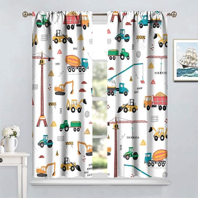 Construction Window Curtains, Kids Cartoon Construction Machines Building Hand - Image 2
