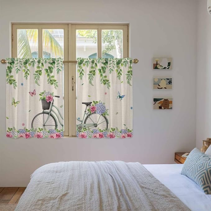 Farmhouse Spring Tier Curtains, Retro Bicycles Flowers Vines Butterfly Light - Image 4