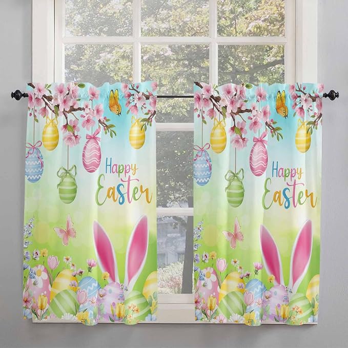 Easter Tier Curtains 45 Inches Long, Spring Bunny Colorful Rabbit Eggs - Image 2