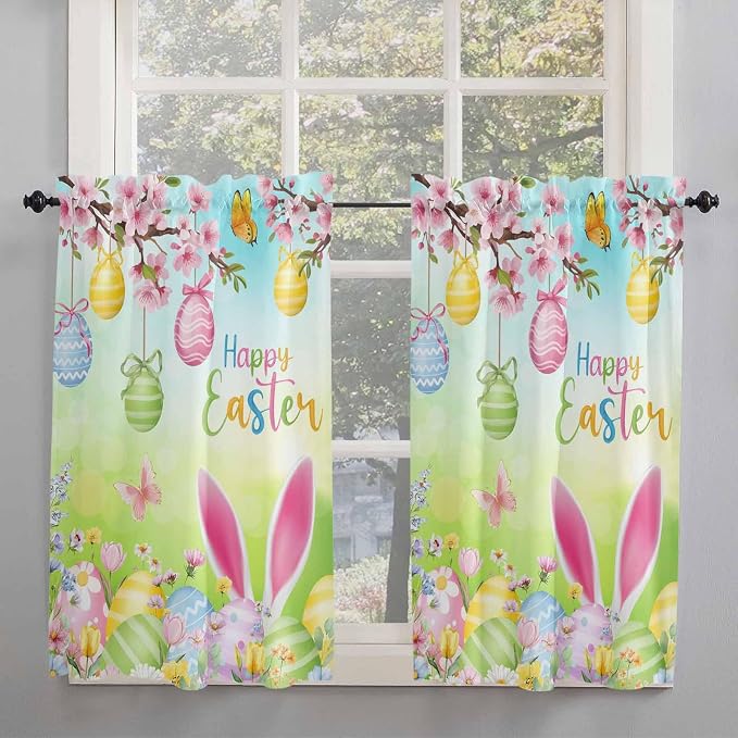 Easter Kitchen Curtains 45 Inches length, Spring Bunny Colorful Rabbit Eggs - Image 2