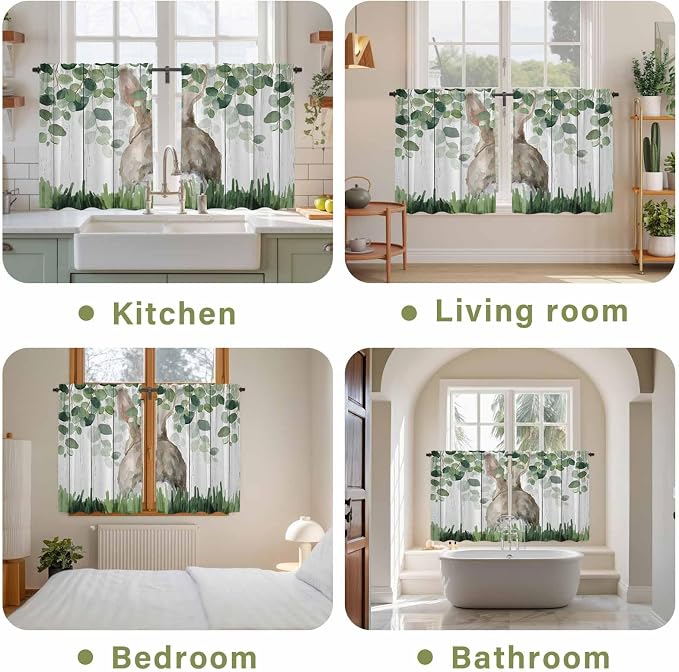 Easter Tier Curtains, Country Rabbit Botanical Leaves Wooden Grain Light - Image 8