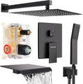 Wall Mounted Shower Faucet Set, Shower System with Tub Spout, 10 Inch Rainfall Shower Head with Handheld Spray, Waterfall Tub Spout Bathtub Faucet, Black