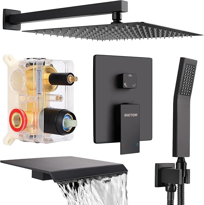 Wall Mounted Shower Faucet Set, Shower System with Tub Spout, 10 Inch Rainfall Shower Head with Handheld Spray, Waterfall Tub Spout Bathtub Faucet, Black