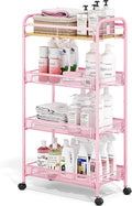 TOOLF 4-Tier Rolling Cart, Metal Utility Cart, Slide Out Storage Cart with Wooden Tabletop and Mesh Baskets, Easy Assemble Trolley for Kitchen Bathroom Laundry Room Bedroom Apartments Dormitory