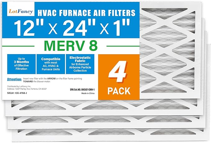 LotFancy 12x24x1 Air Filter MERV 8 4-Pack, Electrostatic Pleated Furnace & AC by LotFancy