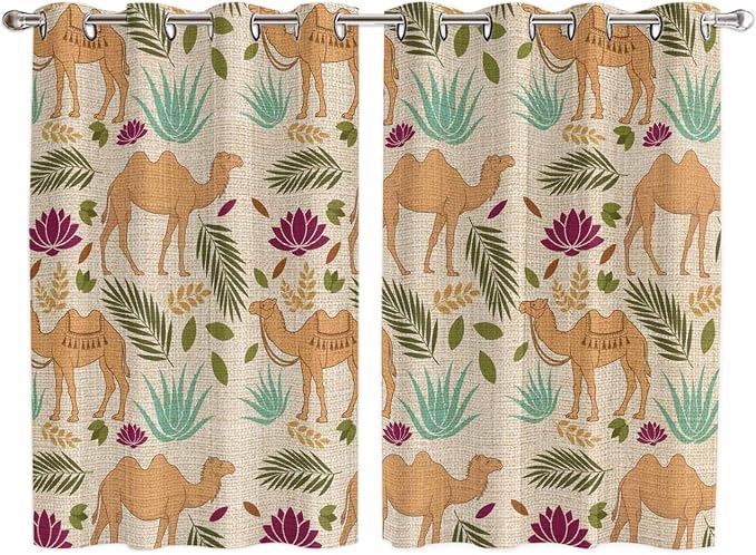 2 Panel Kitchen Cafe Curtains, Desert Camels Sunlight Filtering Nature Air by Hokiten