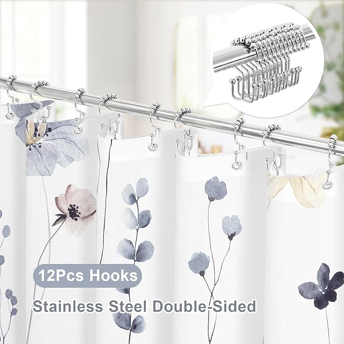 Gibelle 3 in 1 Shower Curtain Set, Grey Watercolor Floral Bath Curtain and PEVA Liner Set with 12 Double Sided Steel Hooks, Waterproof Fabric Bathroom Curtain 72x72