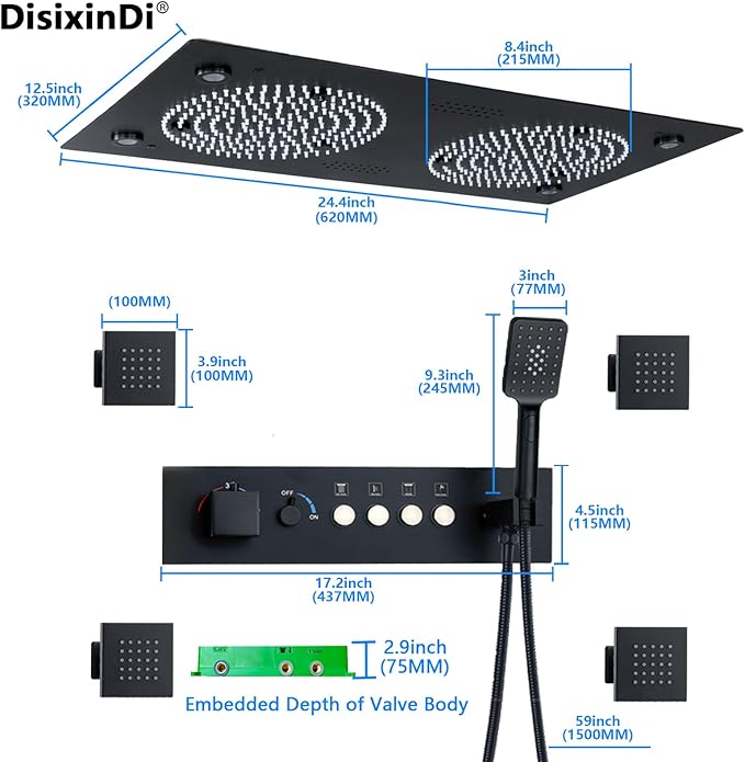 Smart Matte Black Rain LED Ceiling Shower Head With Handheld Spray, 12.5X24.5 Inch Super Large Rectangle Thermostatic Rainfall Shower System Fixtures Set And Body Jets For Double Bath
