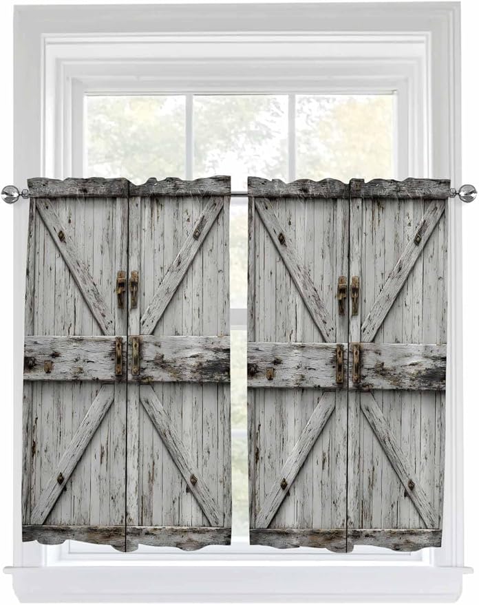 Vintage Gate Kitchen Curtains 45 Inches length, Farmhouse Wooden Grain Shabby by Unknown