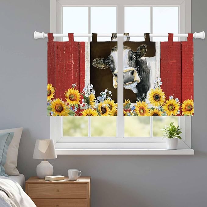 Cows Sunflowers Kitchen Curtains 36 Inch Length, Small Window Curtains Tab Top - Image 9