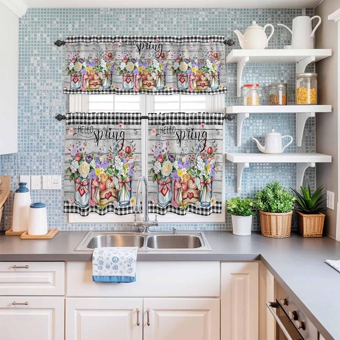 Spring Flowers Kitchen Curtain Set, Farmhouse Black Plaid Wood Grain Window - Image 6