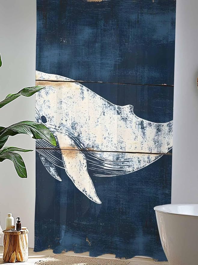 Sheer Curtains 108 Inches Long, Ocean Whale Blue Semi Sheer Curtains Light - Image 4