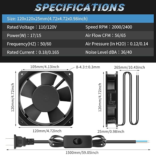 Metal Axial Muffin Fan AC 110V 120V 120mm x 25mm Dual Ball High Performance - Image 6