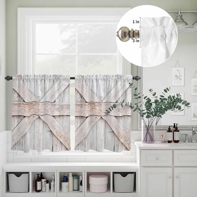 Kitchen Window Curtains Valance and Tier Set, Farmhouse Retro Wooden Barn Rod - Image 6
