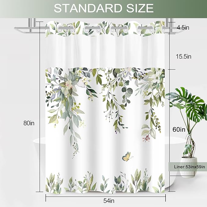 No Hook Shower Curtain and Liner Set, Green Eucalyptus Floral Shower Curtains for Bathroom, Bath Curtain Sets with Snap in Liner, Waterproof with See Through Top Window, 54x80 Inches