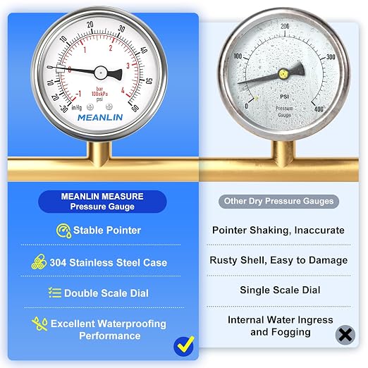 MEANLIN MEASURE -30inHG~60Psi Vacuum Gauge Stainless Steel 1/4" NPT 2" FACE - Image 5