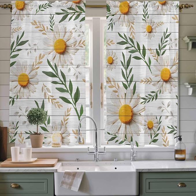 Spring Daisy Kitchen Curtains, Farmhouse Country Flower Leaf Plant Wood Grain - Image 2