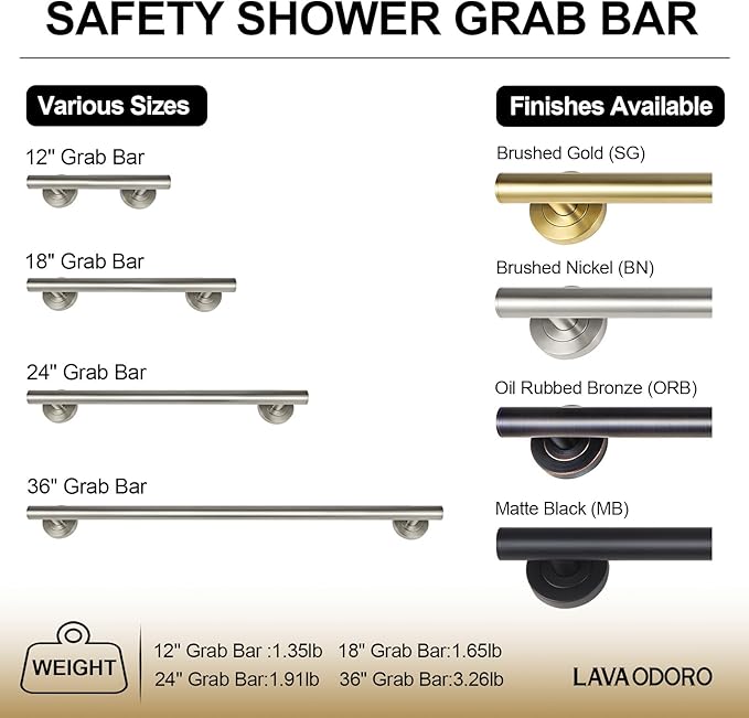 Lava Odoro Shower Grab Bar, Modern Set Stainless Steel Handicap Grab Bar for Bathtubs and Showers, Shower Safety Bar for Seniors Disabled, ADA-Compliant (Brushed Nickel, 3 Pack 18", 24'', 36")