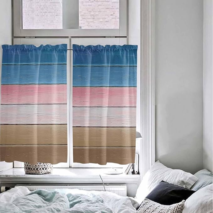 Blue Pink Brown Gradient Wood Grain Window Valance Curtains, Vintage Wood Board - Image 4