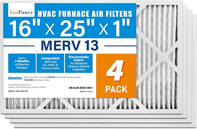 LotFancy 16x25x1 Air Filter MERV 13 4-Pack, Electrostatic Pleated HVAC Furnace by LotFancy