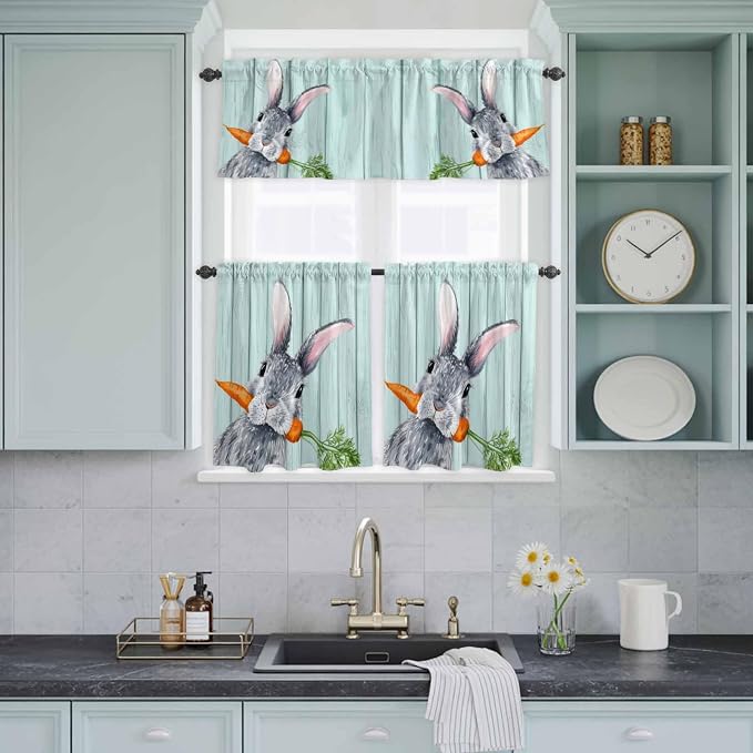 Easter Kitchen Curtain Set, Spring Rabbit Botanical Carrots Green Wooden Grain - Image 9