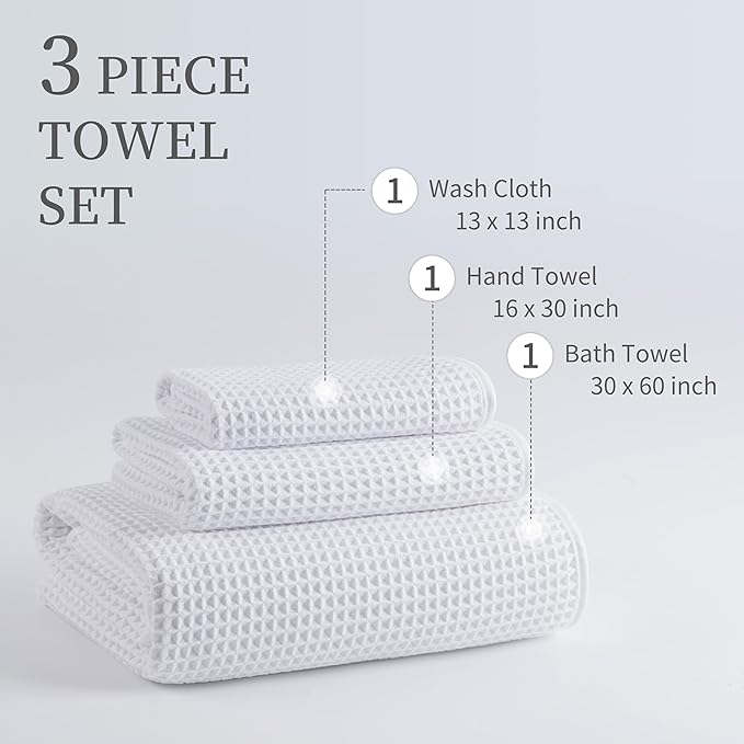 New Microfiber Waffle Bath Towels, 3 Pieces, Oversized, Soft, Absorbent, Fast Drying, Lint Free, Includes Bath, Face and Hand Towels