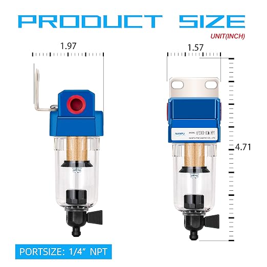 NANPU 1/4" NPT Compressed Air Line Filter, 5 Micron Brass Element, Manual Drain - Image 5