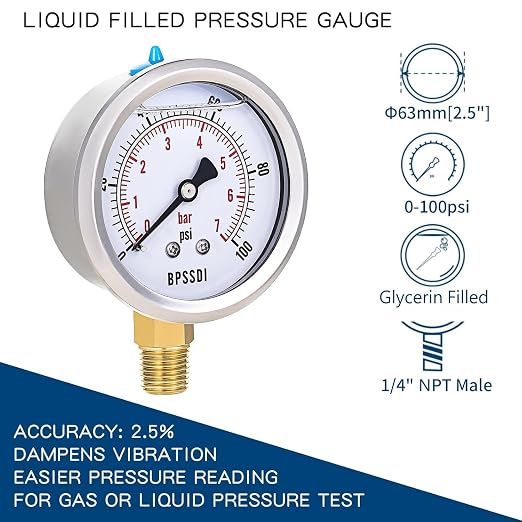 0-100 Psi Glycerin Liquid Filled Low Pressure Gauge, 2.5" Dial Size, 1/4" NPT - Image 2