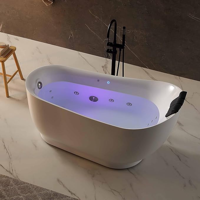 Empava Update Acrylic Whirlpool Bathtub, 59 Inch Acrylic Freestanding Jetted Tub, Hydromassage Gracefully Oval Shaped with 16 Hydromassage Jets with Lumbar and Neck Support, Black Pillow, No faucet