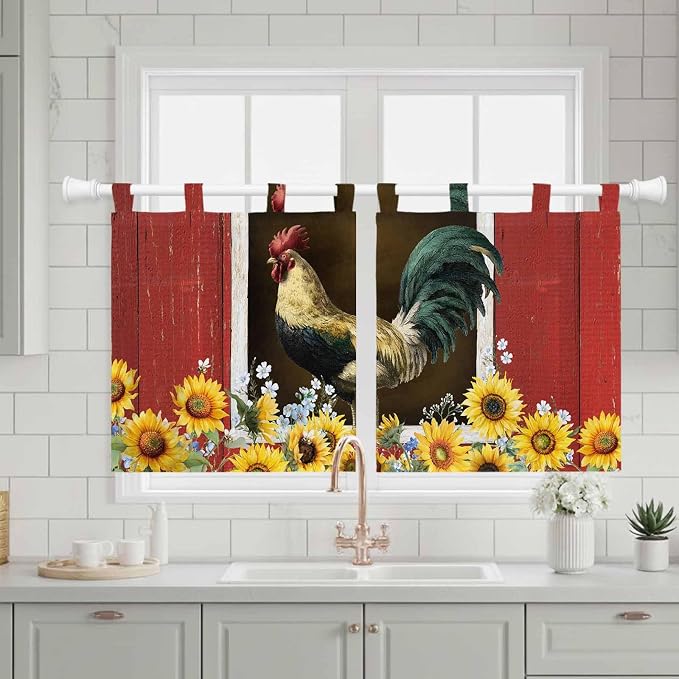 Chicken Sunflowers Kitchen Curtains 24 Inch Length, Small Window Curtains Tab - Image 3