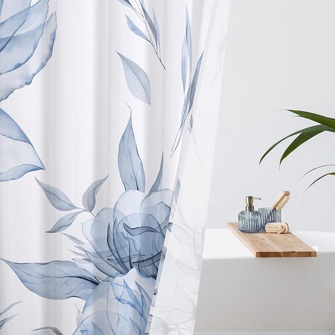Blue and Grey Boho Watercolor Floral Shower Curtain, Ink Painting Style Blossom & Leaf Shower Curtains for Chic Elegant Bathroom, Artistic Fabric Cloth Flower Shower Curtain, 72x72