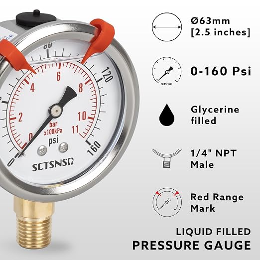0 to 160 Psi Pressure Gauge, Glycerin Liquid Filled, 2.5 inch Dial, 1/4" NPT - Image 2
