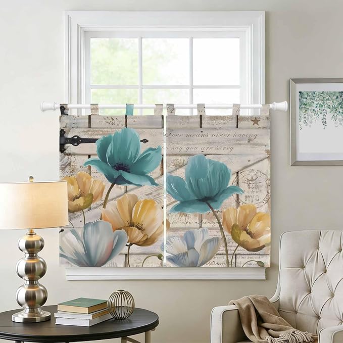 Watercolor Flowers Bedroom Curtains 63 Inch Length, Window Curtains Tab Top - Image 2