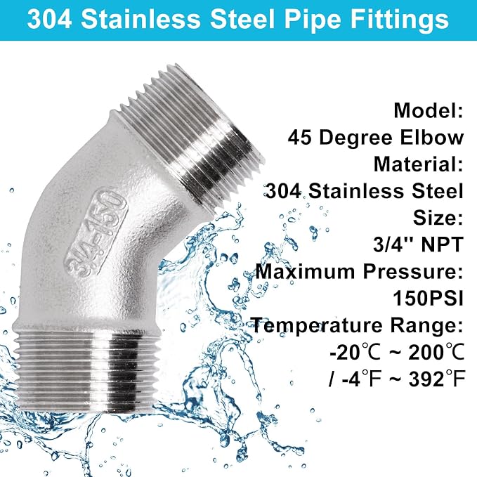45 Degree Elbow 2PCS, 3/4" NPT Male X 3/4" NPT Male 304 Stainless Steel Pipe - Image 5