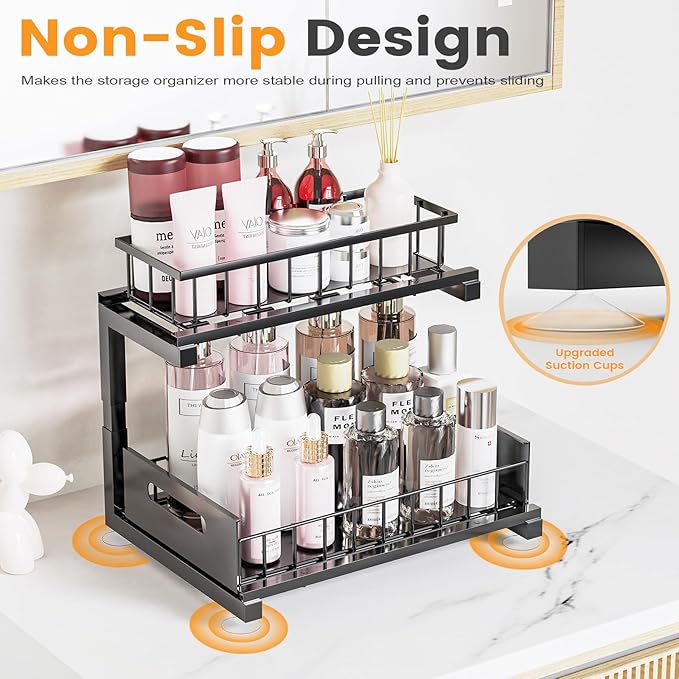 Under Sink Organizer, Heavy Duty Metal Slide Out Sink Shelf Organizer Height Adjustable, Multi-Purpose Storage Shelf for Kitchen Bathroom (Black,1Pack)