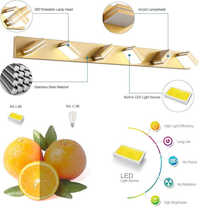 SineRise LED Modern Bathroom Vanity Light Fixtures (6-Light, 48-Inch, Dimmable), Matte Gold Modern Acrylic Bathroom Wall Lighting Fixtures Over Mirror (Cool White 6000K)