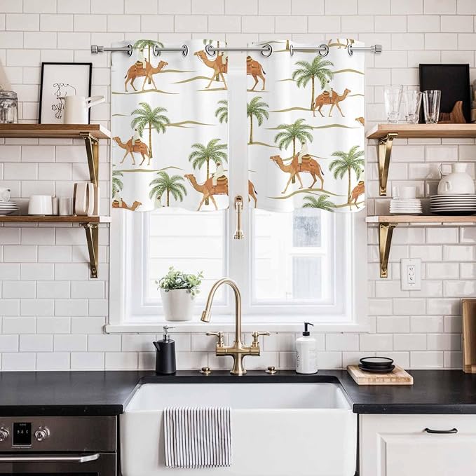 2 Panel Kitchen Cafe Curtains, Desert Camels Sunlight Filtering Nature Air - Image 2