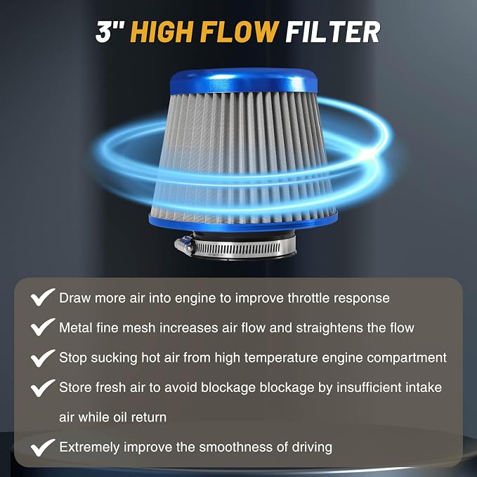 3" 76mm Universal High Flow Cold Air Intake Air Filter Upgraded Stainless Steel - Image 5