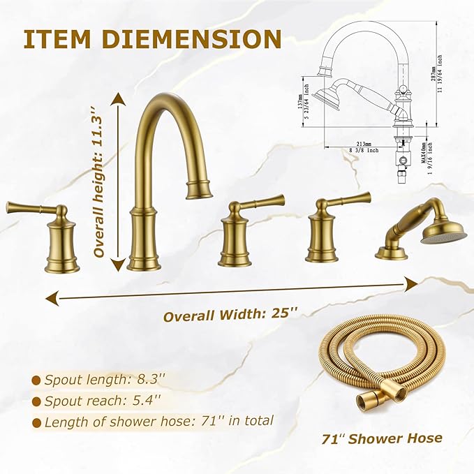 Roman Tub Faucet with Hand Shower, Antique Tub Shower Faucet Set with Valve for 5 Hole, Deck Mount Shower Tub Faucet Set，3 Handle Bath Tub Faucet High Flow, Brushed Gold(B2309-BG)