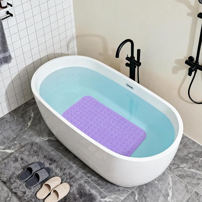 Anti-Slip Bathtub Shower mat, 27.5×14.5（Approximately 70×37cm） inch Soft Oversized Machine Washable Non-Slip Bathtub mat with Drainage Holes, Bathroom Floor Suction Cup.（1- Clear Purple）