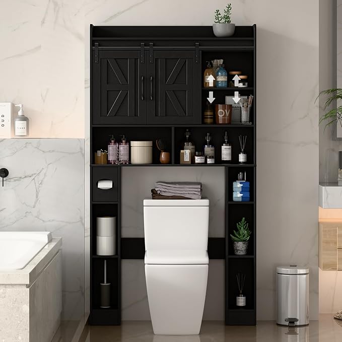 Farmhouse Storage Cabinet Over Toilet with Sliding Doors，Over The Toilet Storage Cabinet, Home Space-Saving Toilet Rack, for Bathroom, Restroom, Laundry.Pure Black