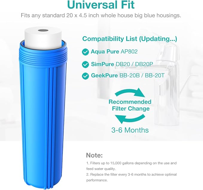 SimPure Sediment Water Filters, 5 Micron 20" x 4.5" Whole House Water Filter - Image 6