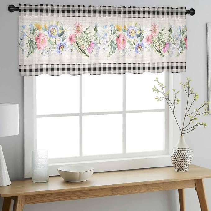Blue Pink Floral Sheer Valance Curtains, Spring Summer Botanical Linen Black - Image 3