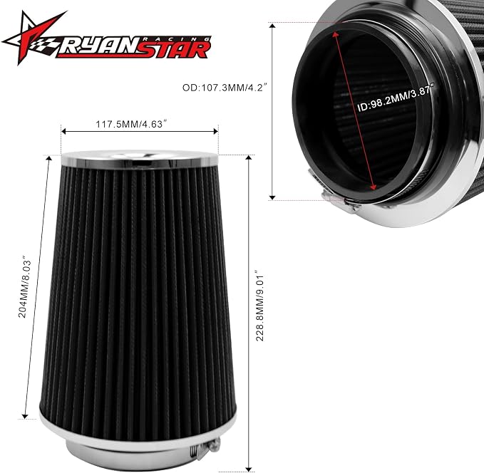 RYANSTAR 102mm 4" High Flow Round Tapered Cone Cool Air Filter Cleaner - Image 2