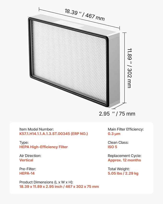 VEVOR Laminar Flow Hood Filter, 18.39 x 11.89 x 2.95 in, 1 Piece HEPA Filter - Image 7