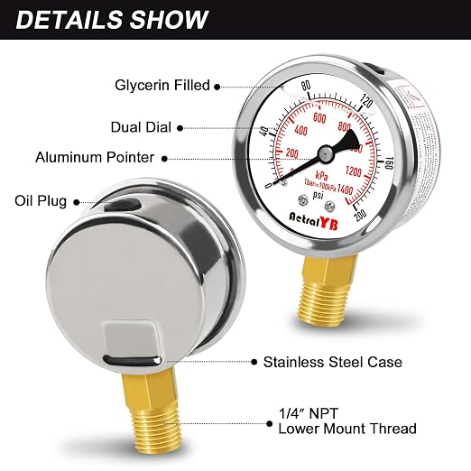 0-200 Psi 2-Inch Waterproof Pressure Gauge, Liquid-Filled, 1/4" NPT Lower Mount - Image 5